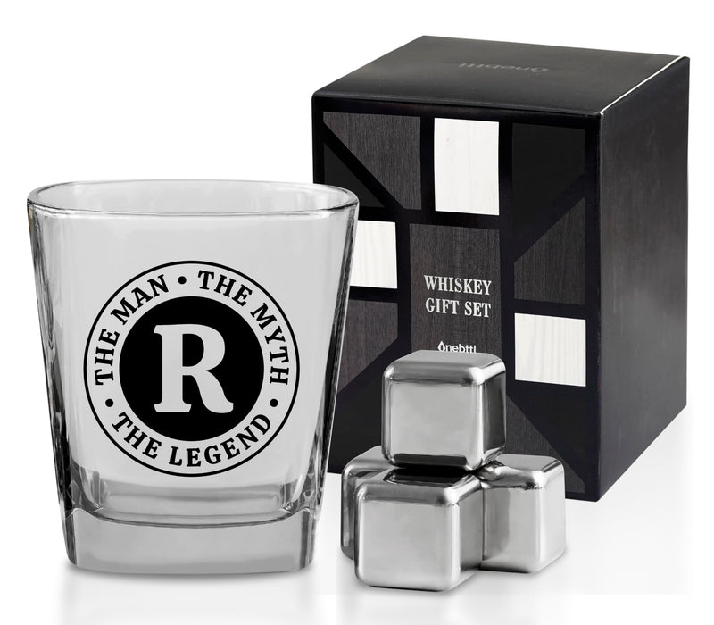 Onebttl Whiskey Gifts for Men Personalized Initial Whiskey Glass with Whiskey Stones for Men on Fathers Day Boss Day and Birthday - R