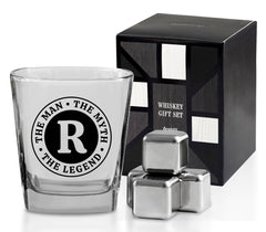 Onebttl Whiskey Gifts for Men Personalized Initial Whiskey Glass with Whiskey Stones for Men on Fathers Day Boss Day and Birthday - R